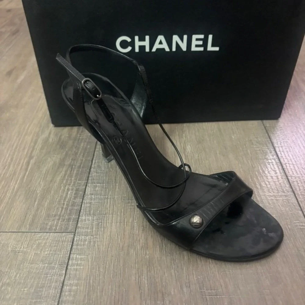 Chanel‎ Black Leather Strappy Heels Size 37.5